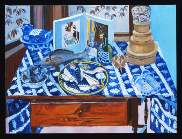 “Blue Studio with Mackerel\", 3 feet by 4 feet,  oil