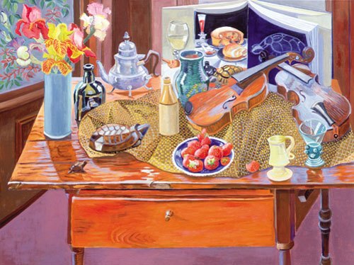 "After Pieter Claesz's Still Life with Turtle" The Real Turtle with the Claesz catalogue", oil, 36" x 48", 2009