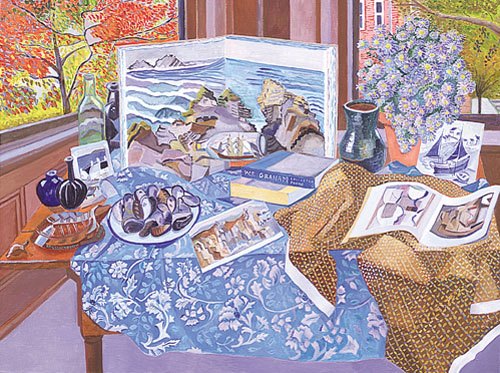"After Pieter Claesz's Still Life with Turtle: Cornwall Vase and Ben Nicholson catalogue", oil, 36" x 48", 2009