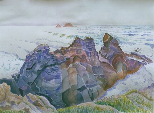 "After the Storm at Cape Cornwall, Pink Brisons" watercolor 22"H x 30"W
