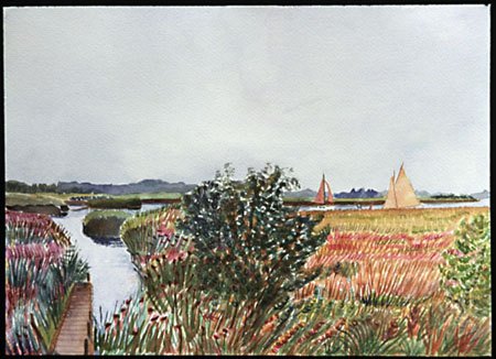 "Sailboats on the Horsey Mere, Norfolk", watercolor, 2004, 16"H x 20"W