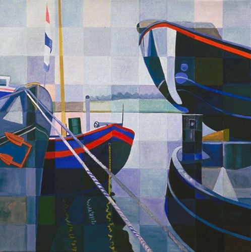 "Barges at Maastricht #2" oil 36" H x 36" W