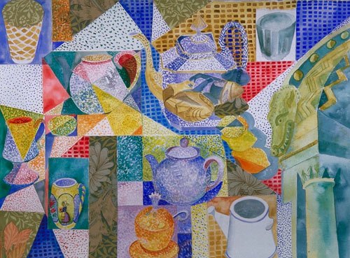\"Taking Tea in the Cotswolds\" watercolor collage 30\"H x 38\"W