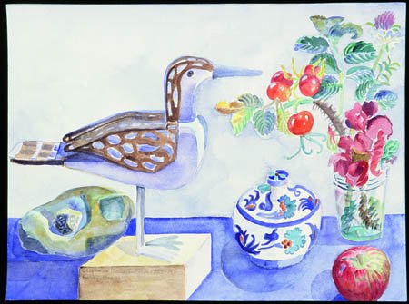 \"Still Life with Maine Objects and Hardy Bird\" watercolor, 2000, 18\"W x 22\"W
