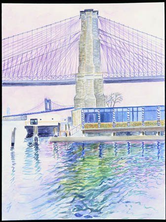 "The Brooklyn Bridge at Twilight" watercolor, 2004, 25"H x 19"W