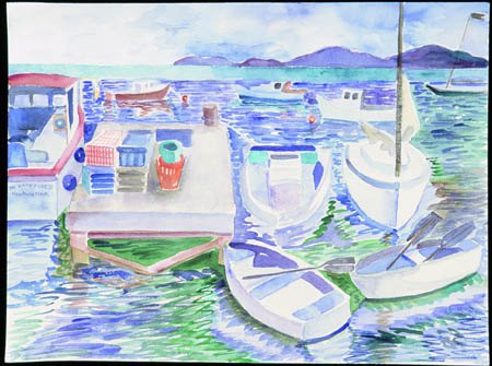 "Boats at Newbury Neck, Maine" watercolor, 2000-04, 18"W x 22"W