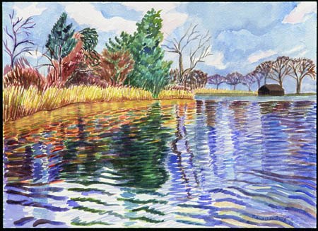 "Prospect Park Lake in Autumn" watercolor, 2004, 16"H x 20"W
