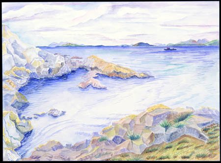 "View toward the San Juan Islands, Victoria, BC" watercolor, 2004, 30"H x 40"W