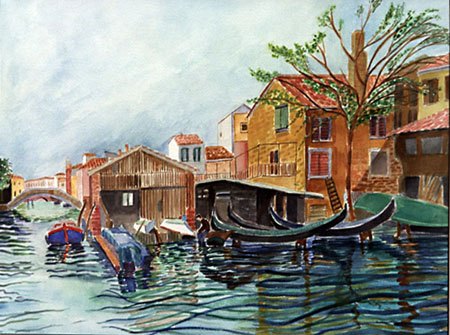 "The flooded Squero, Rio San Trovaso", watercolor, 2004, 18"H x 22"W