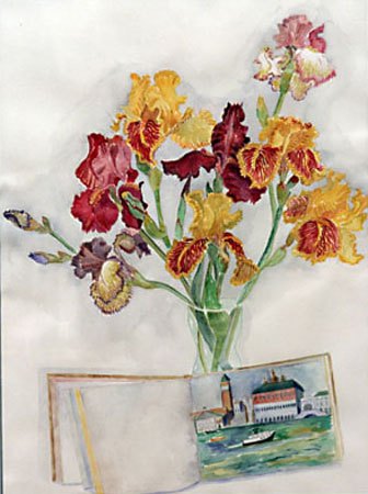"Irises with Venice Watercolor Book", watercolor, 2003, 38"H x 28"W