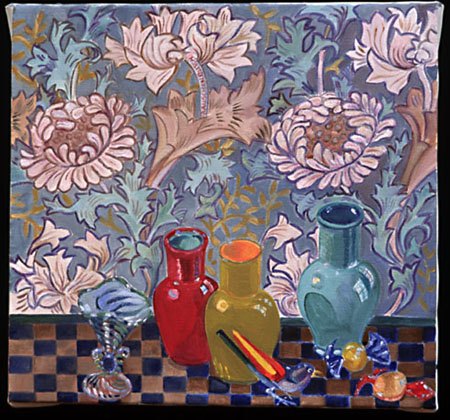 "Venetian Glass Vases and Wm. Morris Wallpaper", oil, 2003, 16"H x 16"W