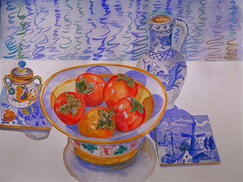 "Persimmons with Deruta Sugar Bowl," watercolor, 25" H x 31" W 2010