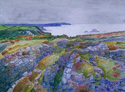 "The Ballowall Neolithic Barrow, Cape Cornwall" watercolor. 28" x 38" 2001