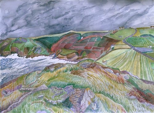 "Vertiginous and Stormy View, Cape Cornwall" . watercolor. 28"H x 38" W. 2001
