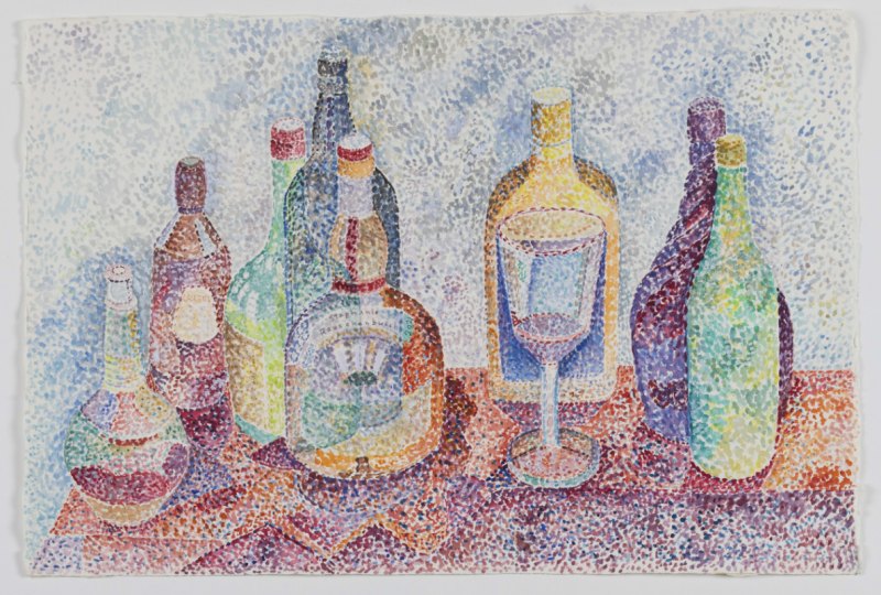 Pointillist Bottles,  Watercolor, 14 x 20 inches